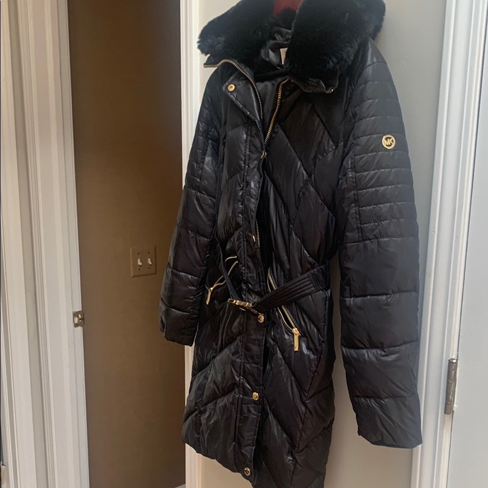 Michael Kors Black Quilted Puffer Jacket with Fur Collar